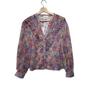 Vigoss Floral Sheer Ruffle Blouse Top Size L Metallic Coquette Chic Pink Blue